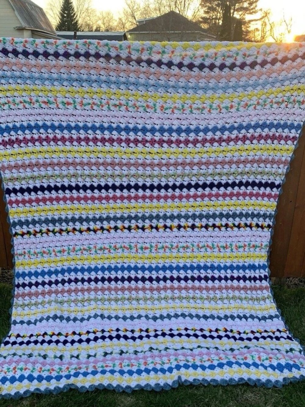 Hand Crocheted Afghan Blanket 96”x104” Multi color Diamond Stunning